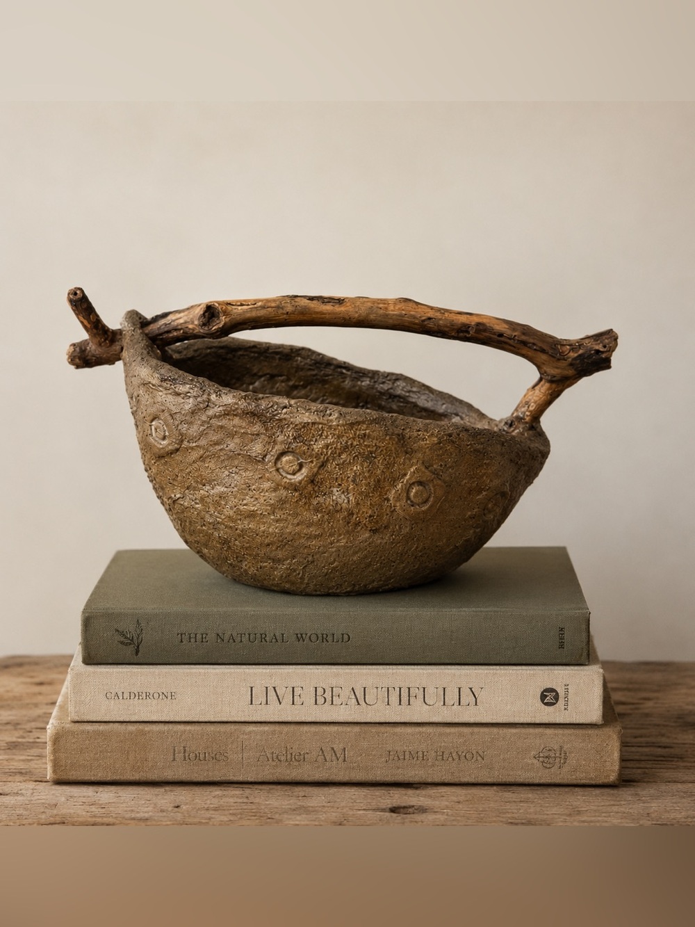 Rustic Handmade Papier-Mâché Bowl with Driftwood Handle | Earthy Boho Decor